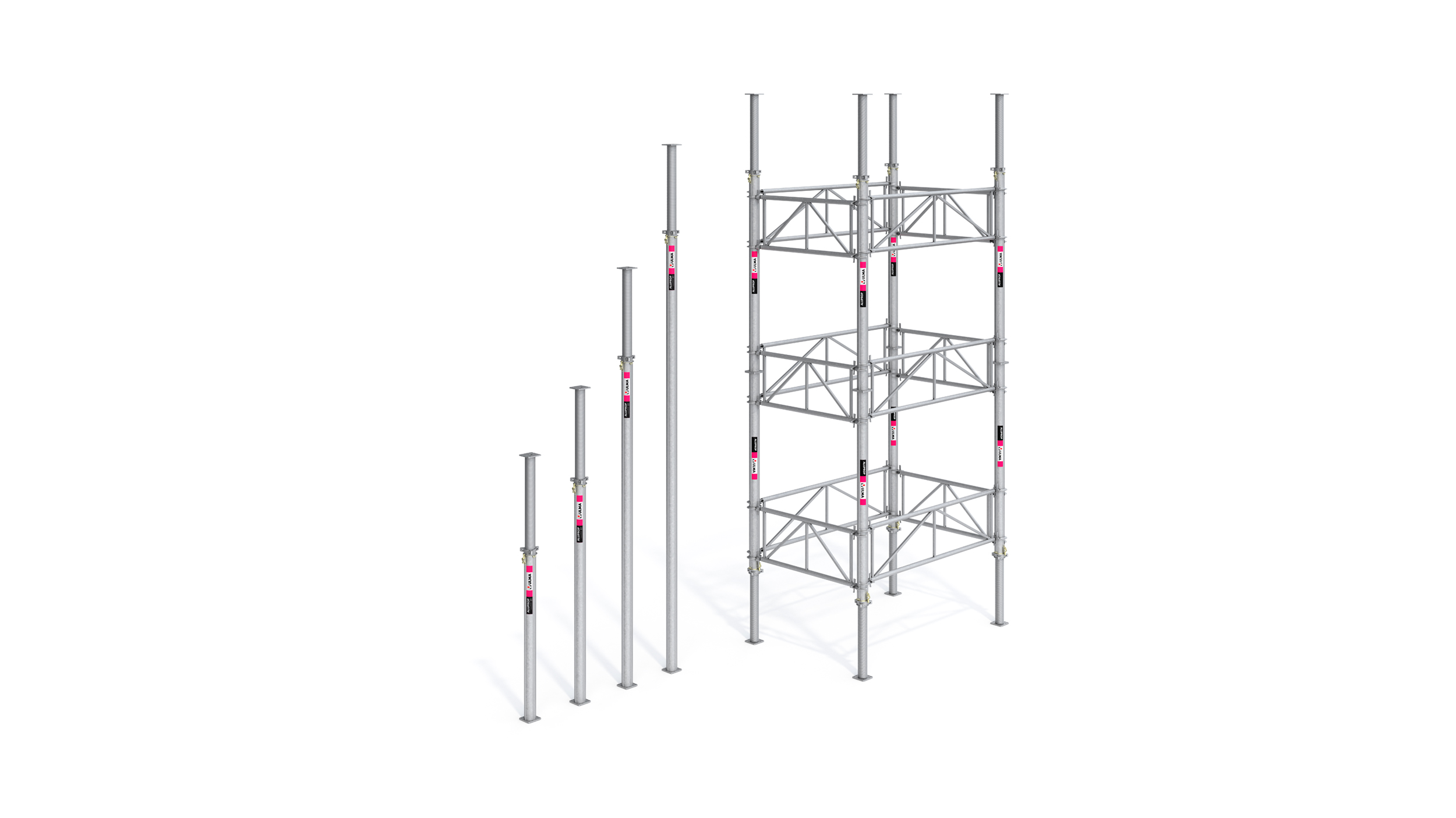 Cimbras certificadas de gran carga. Destacan por sus componentes ligeros y configuración en torre de hasta 12 m.